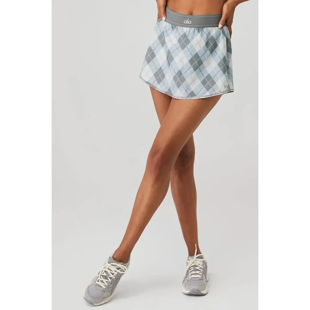 Alo Yoga Argyle Match Point Tennis Skirt Gravel /Titanium Mini Skort Plaid Small